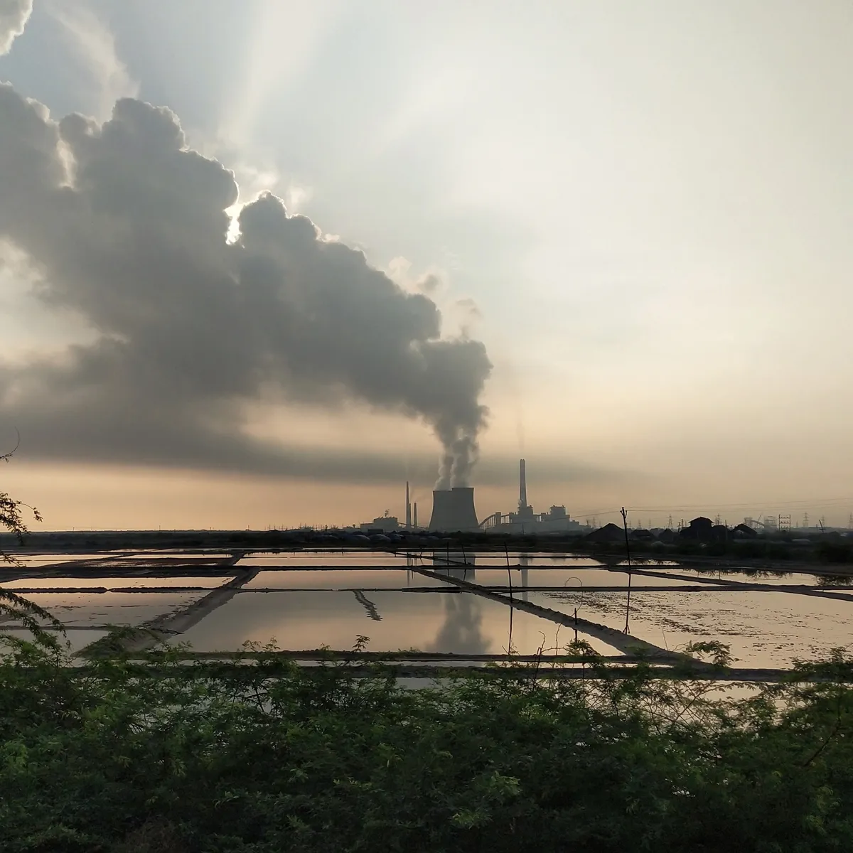 A utility power plant at dusk