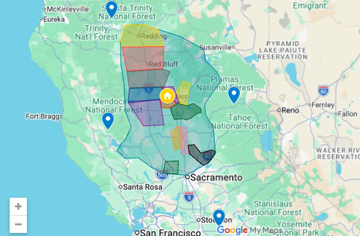 OHM Solar Solutions service territory across Northern California, from Shasta County down to the Yuba City area