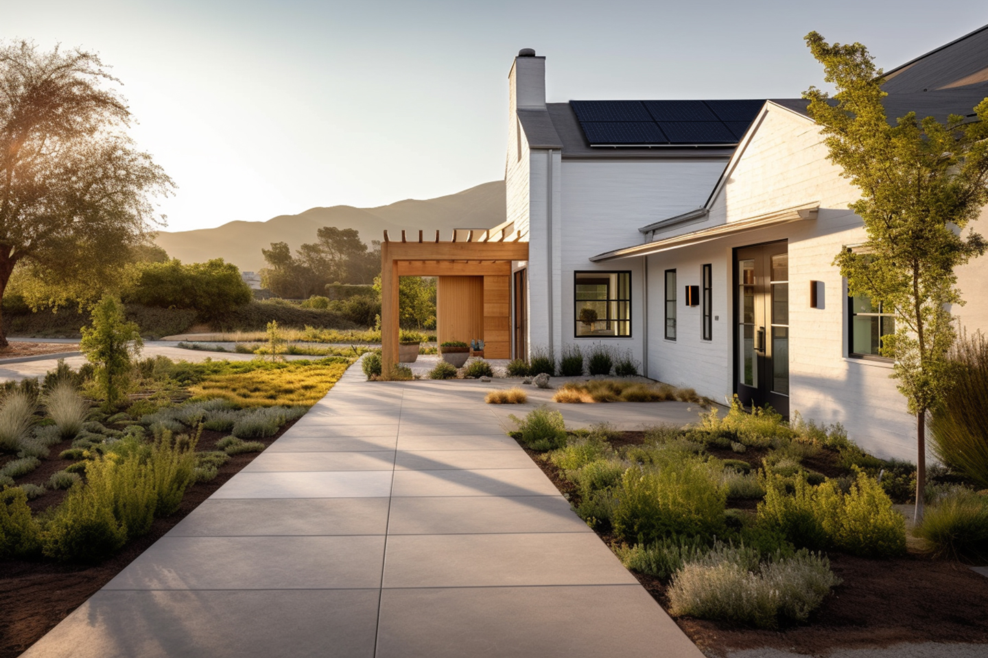 Modern white farmhouse with solar panels