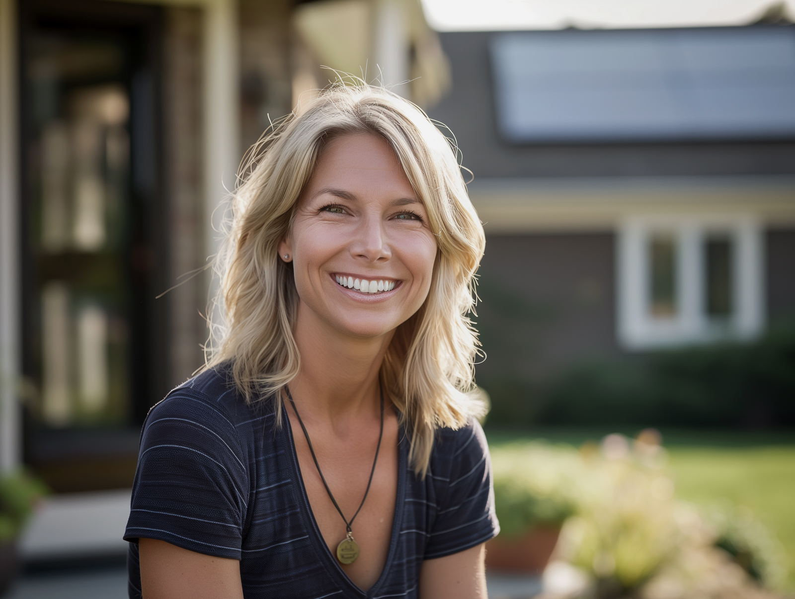 Homeowner in California with solar panels on the roof behind her